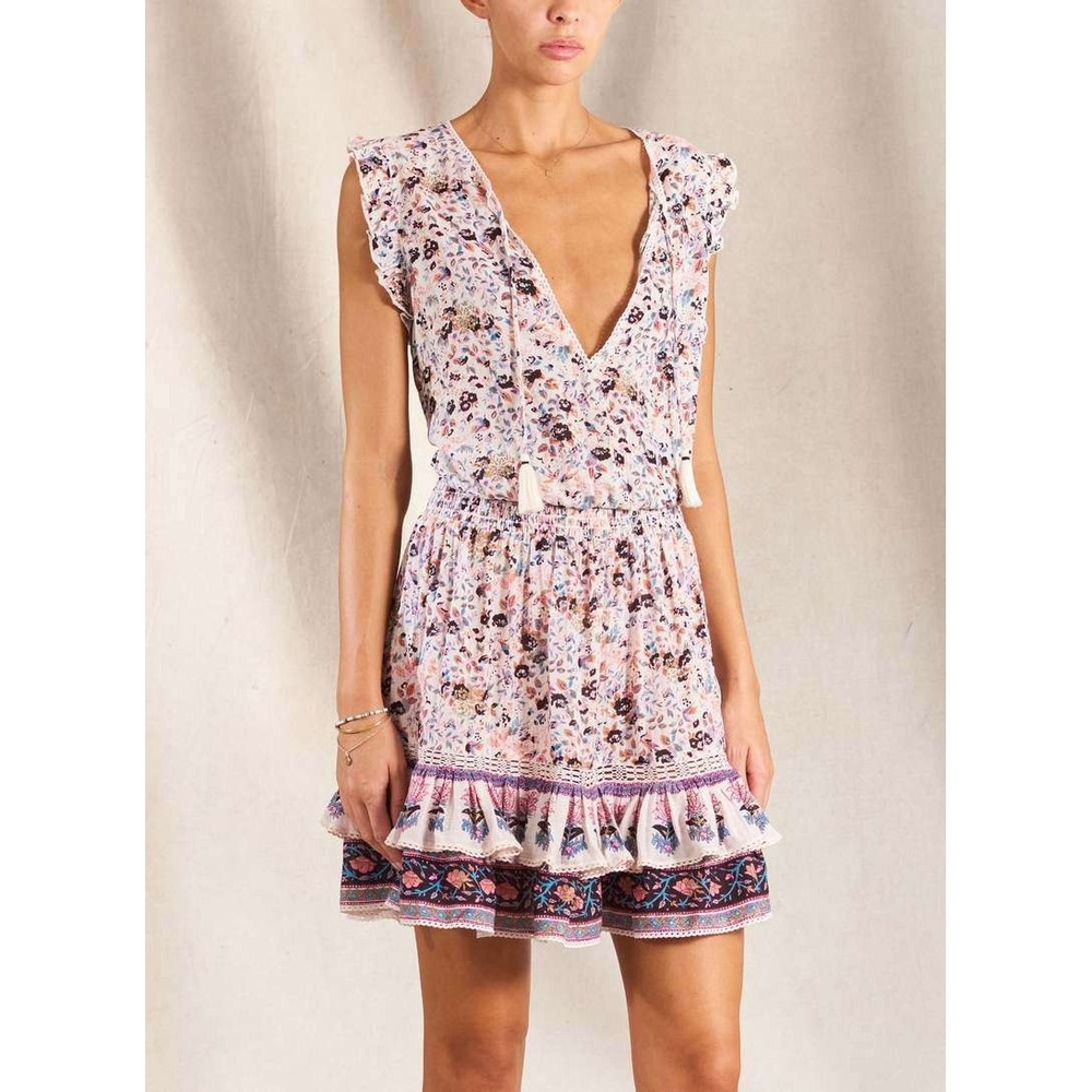 M.A.B.E Kristi Sundress Floral Cotton Smocked Mini Dress Pink Tassel Womens XS